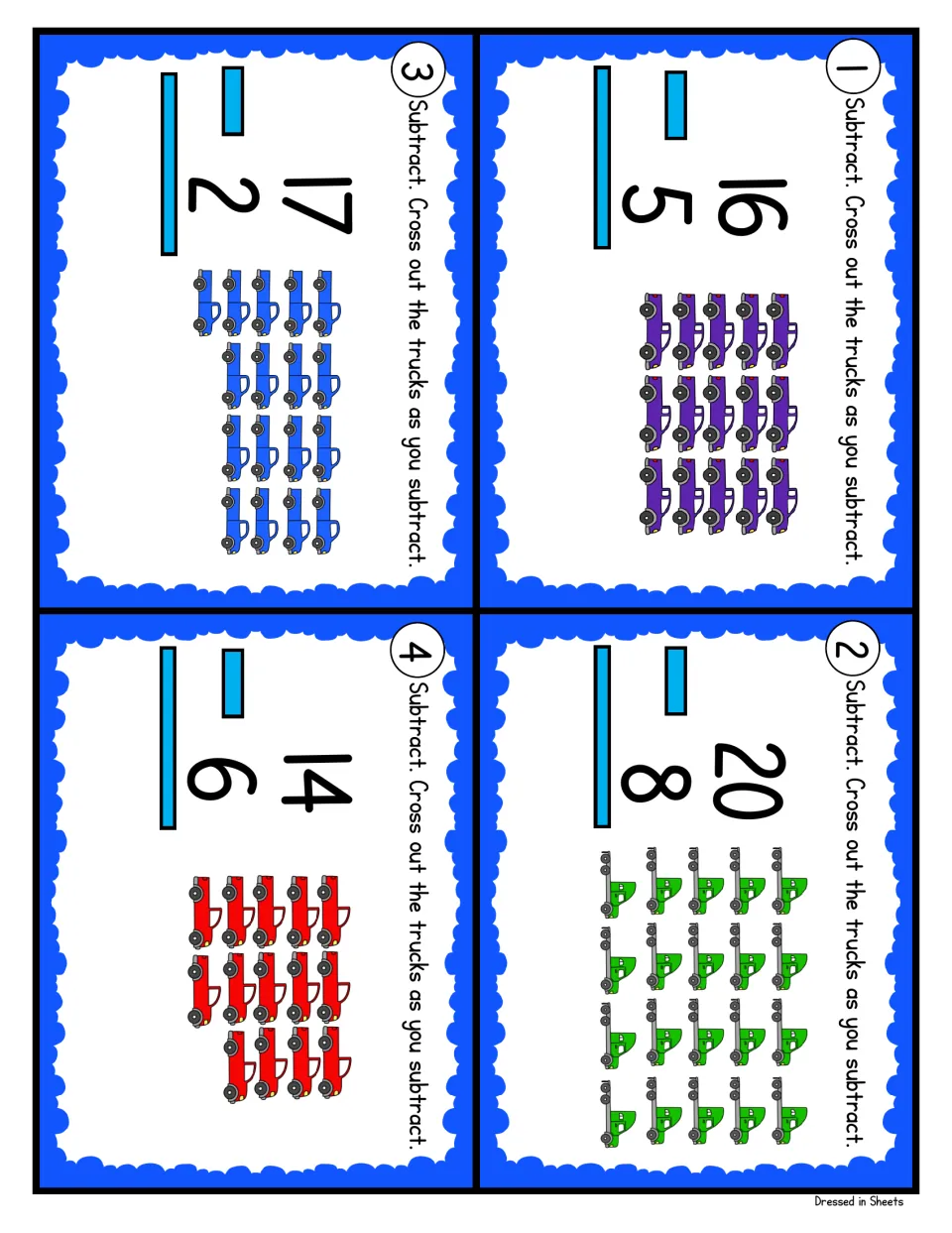 Subtraction cards 1-4: students solve 16 - 5, 20 - 8, 17 - 2 and 14 - 6 by crossing out the pictured trucks to take away