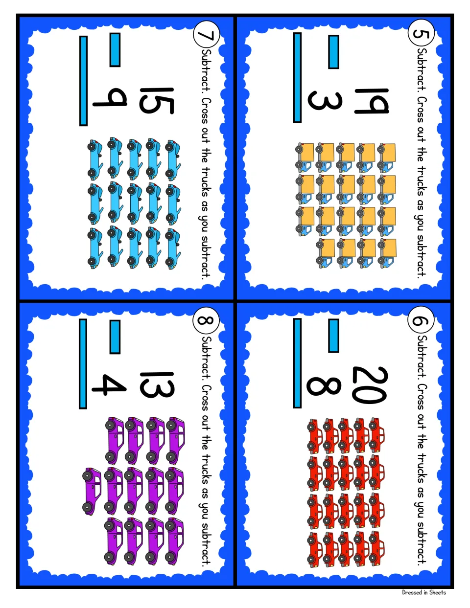 Subtraction cards 5-8: students solve 19 - 3, 20 - 8, 15 - 9 and 13 - 4, crossing out trucks and cars to model taking away