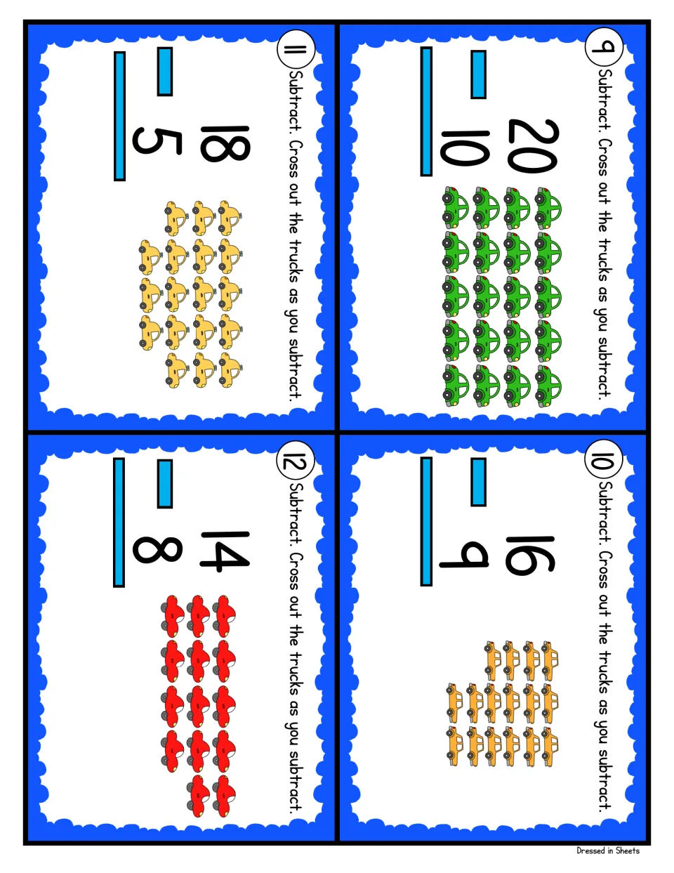 Subtraction cards 9-12: students find 20 - 10, 16 - 9, 18 - 5 and 14 - 8, crossing out cars to find each difference
