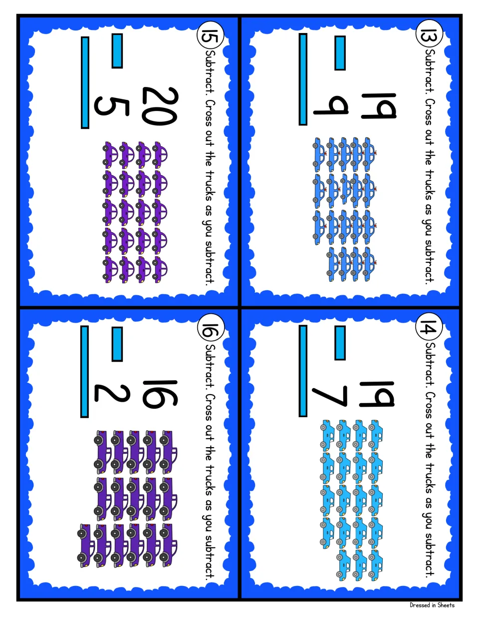 Subtraction cards 13-16: students solve 19 - 9, 19 - 7, 20 - 5 and 16 - 2 by crossing out rows of pictured cars