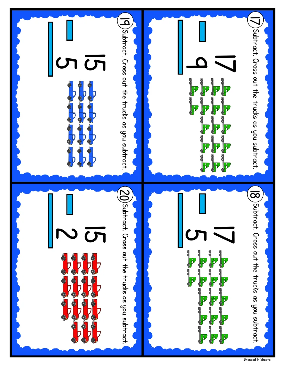 Subtraction cards 17-20: students solve 17 - 9, 17 - 5, 15 - 5 and 15 - 2, crossing out green, blue and red trucks
