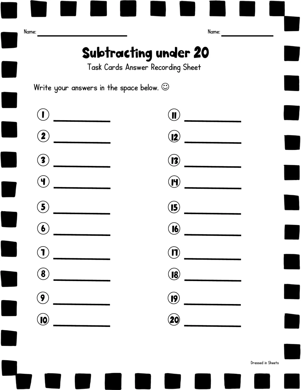 Task card recording sheet: students write their subtraction answers for cards 1 to 20 on numbered blanks, with a name line