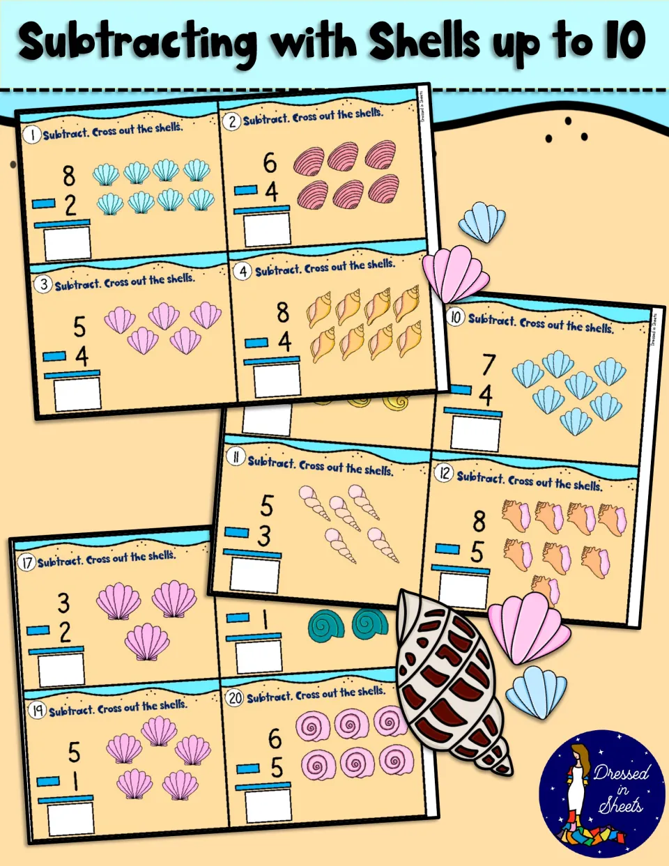 Subtracting with Shells up to 10 cover: beach-themed cards where students cross out shells to solve facts like 8-2