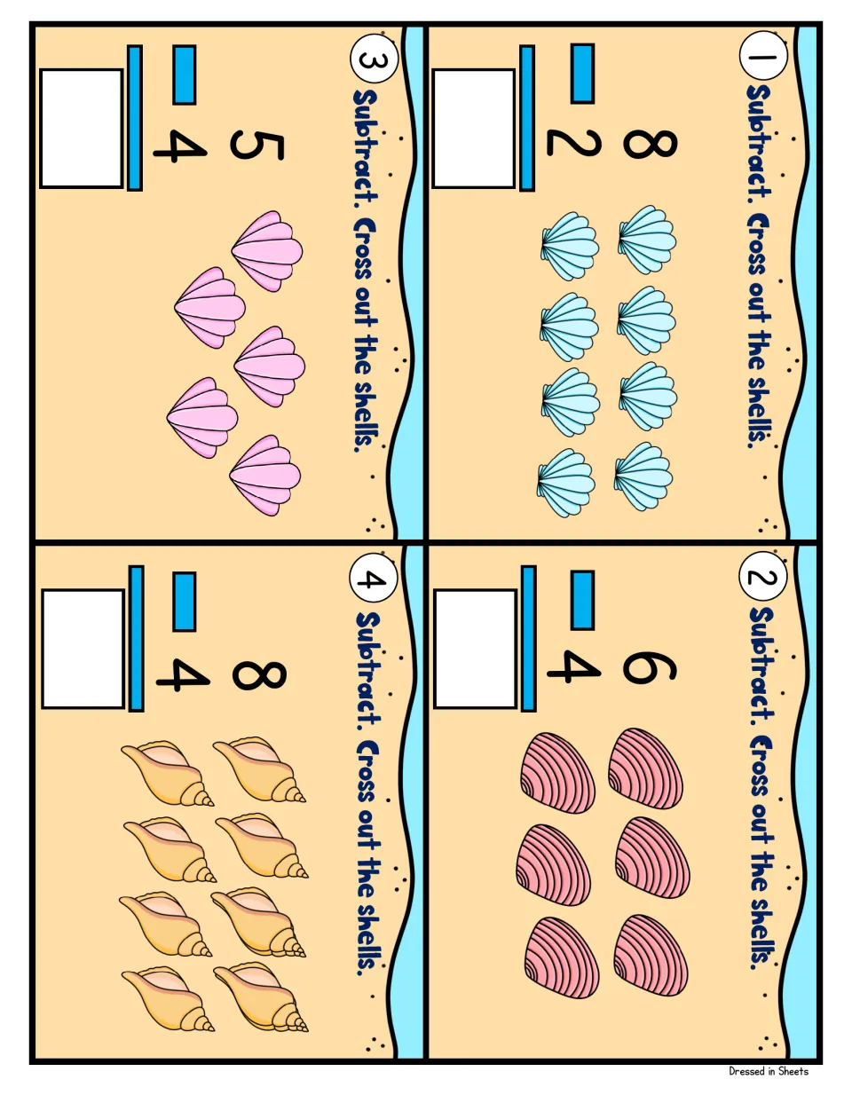 Cards 1 to 4: students cross out shell pictures to solve 8-2, 6-4, 5-4 and 8-4, writing each difference in a box