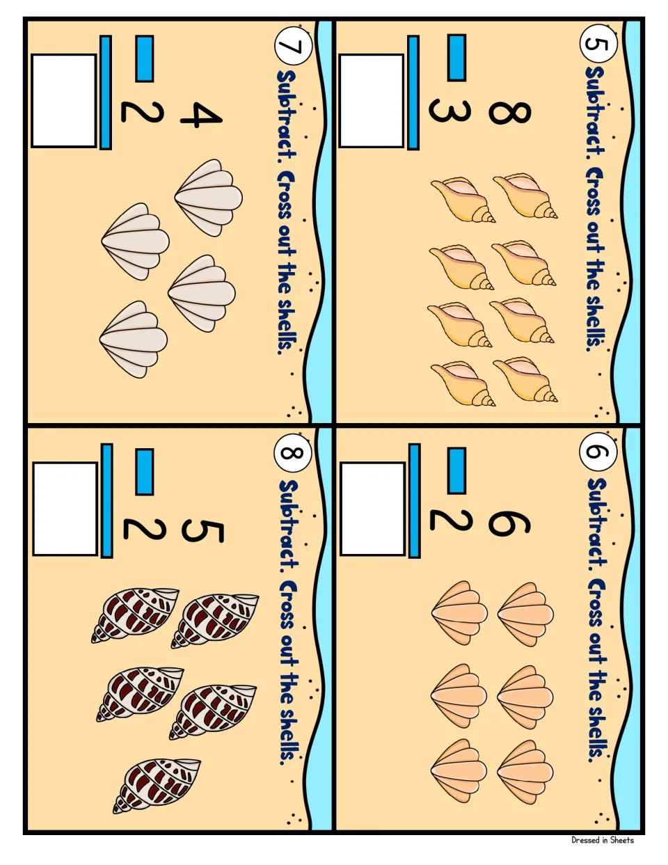 Cards 5 to 8: take-away facts 8-3, 6-2, 4-2 and 5-2, each shown with a set of drawn seashells for crossing out