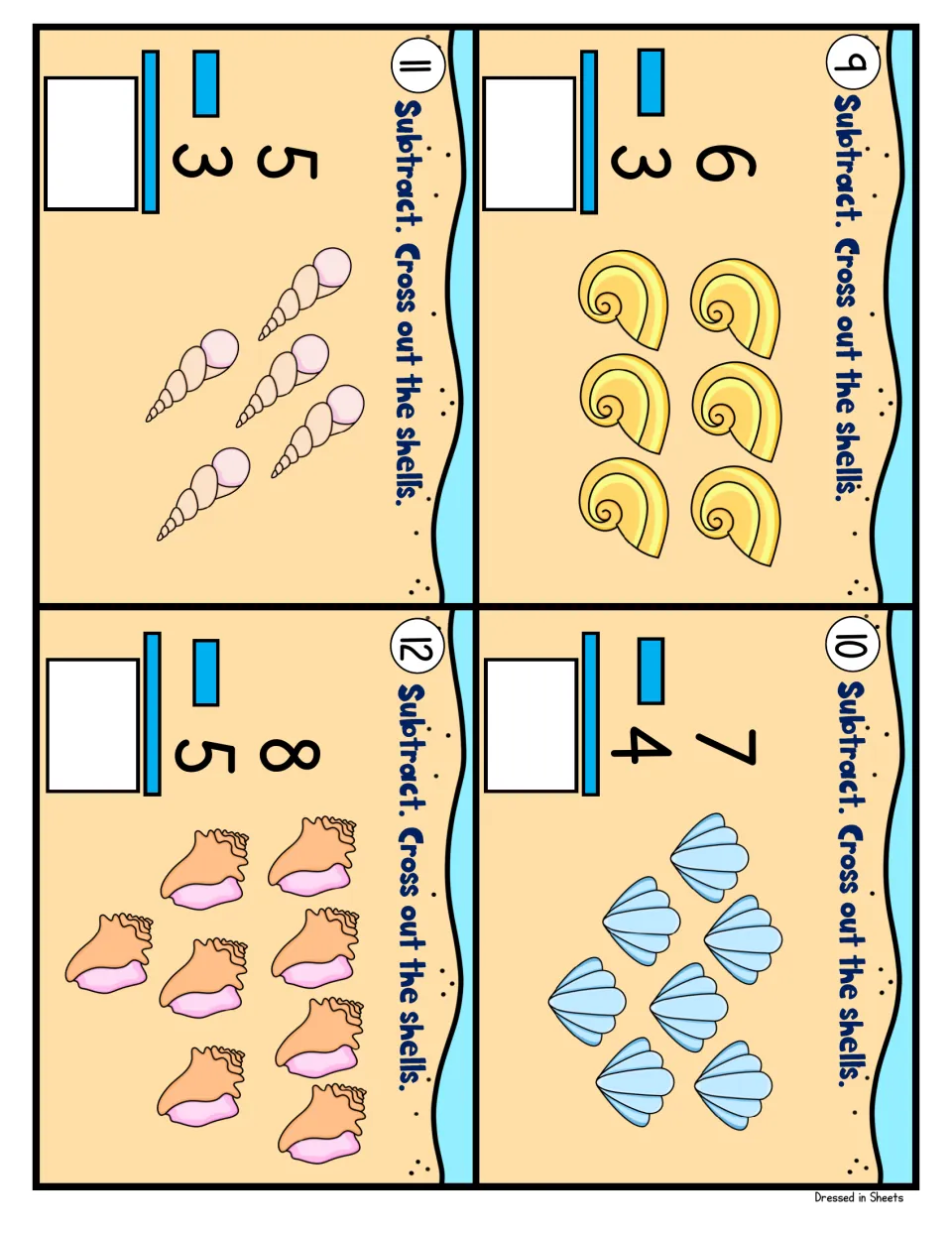 Cards 9 to 12: subtraction within 10 for 6-3, 7-4, 5-3 and 8-5, modeled with shell pictures students cross out