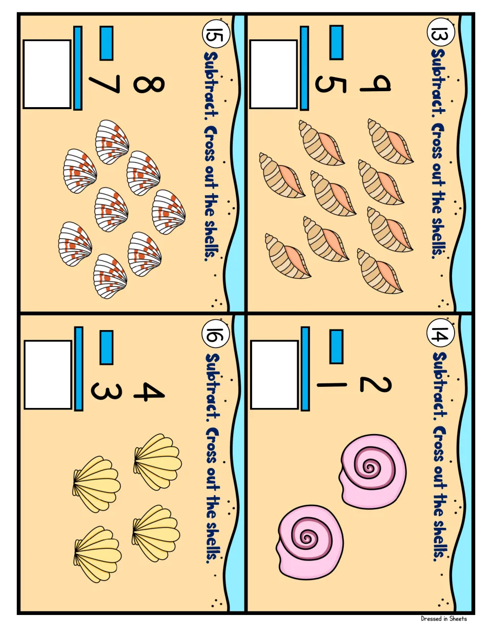 Cards 13 to 16: students find 9-5, 2-1, 8-7 and 4-3 by crossing out shells, then record the difference