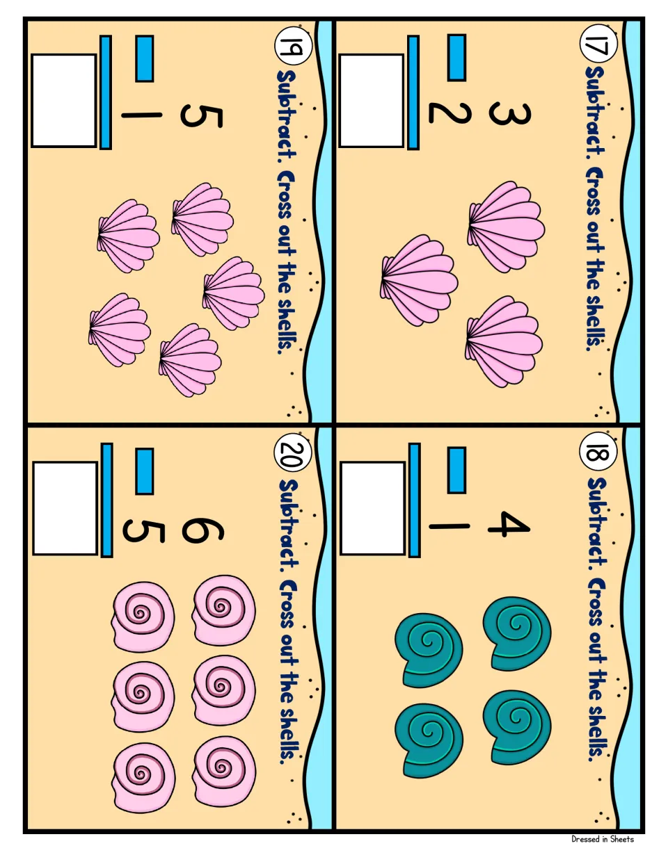 Cards 17 to 20: facts 3-2, 4-1, 5-1 and 6-5, solved by crossing out the pictured scallop and snail shells