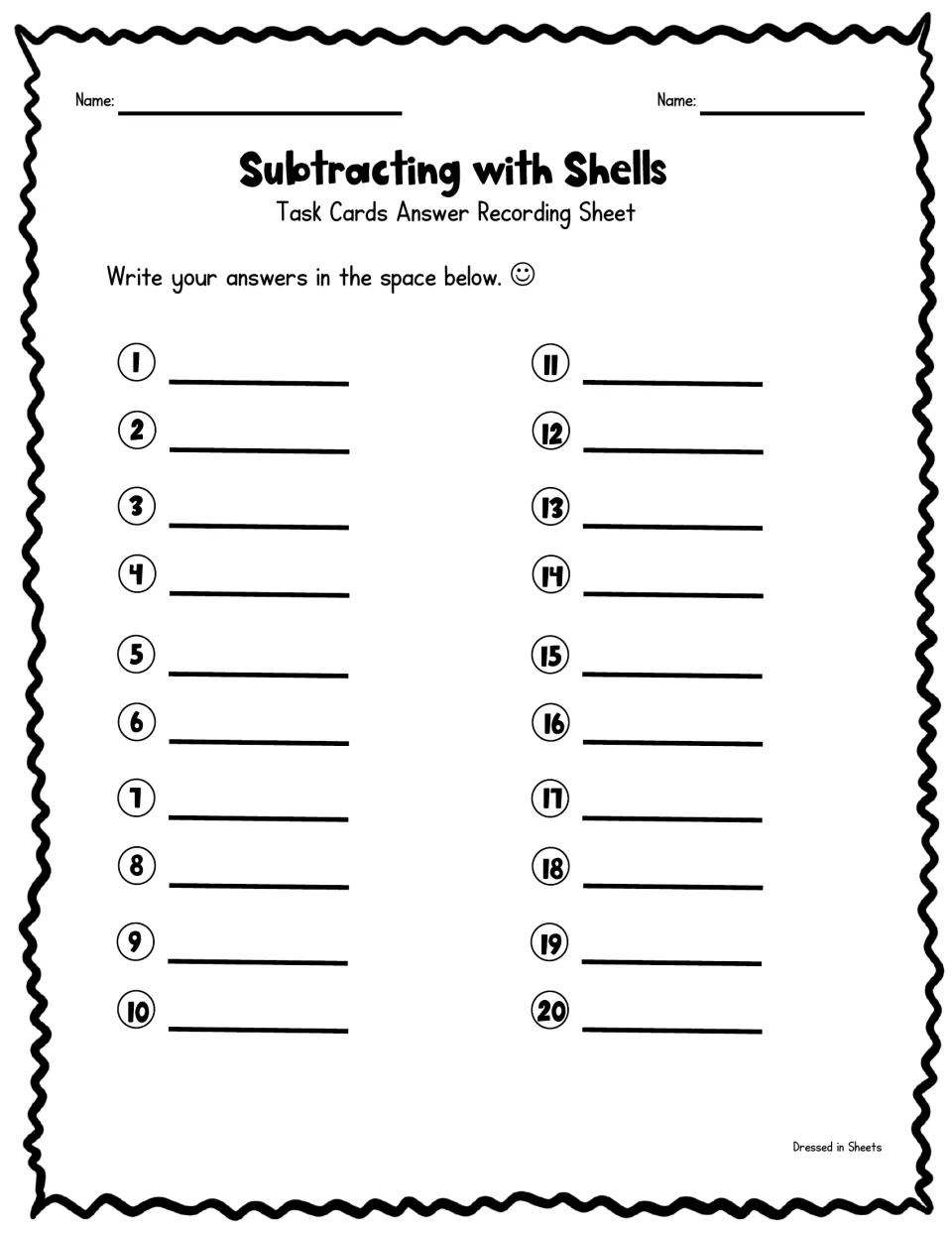 Answer recording sheet: students write the difference for each of the 20 shell subtraction cards on numbered blanks