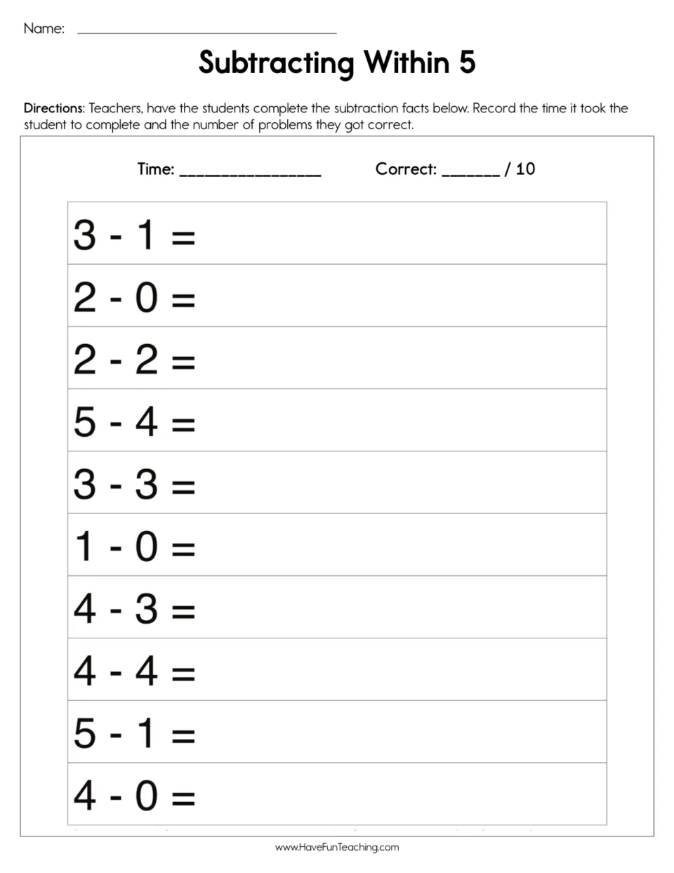 Subtracting within 5 timed drill: students solve 10 facts such as 3 - 1 and 5 - 4, with time and score out of 10 noted