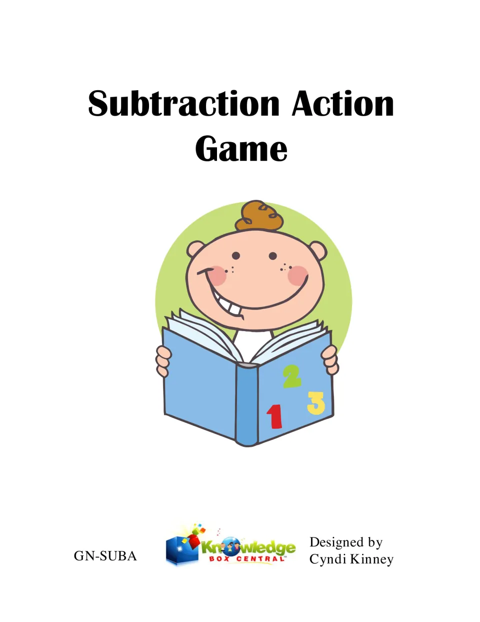 Subtraction Action Game cover with a smiling boy reading a number book; by Cyndi Kinney of Knowledge Box Central