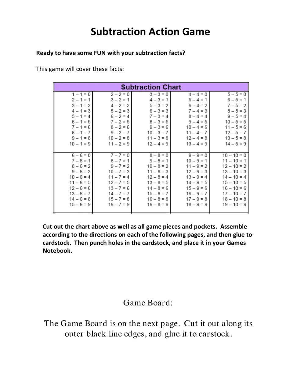Chart of the subtraction facts covered, 1 – 1 = 0 to 19 – 10 = 9, plus cutting and assembly directions