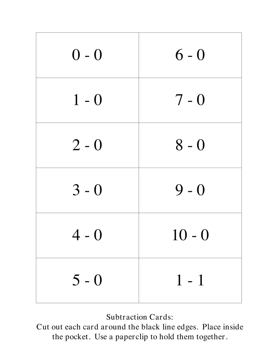 Subtraction cards 1–12: 0 - 0 through 10 - 0, plus 1 - 1, with directions to cut out and store them in the pocket