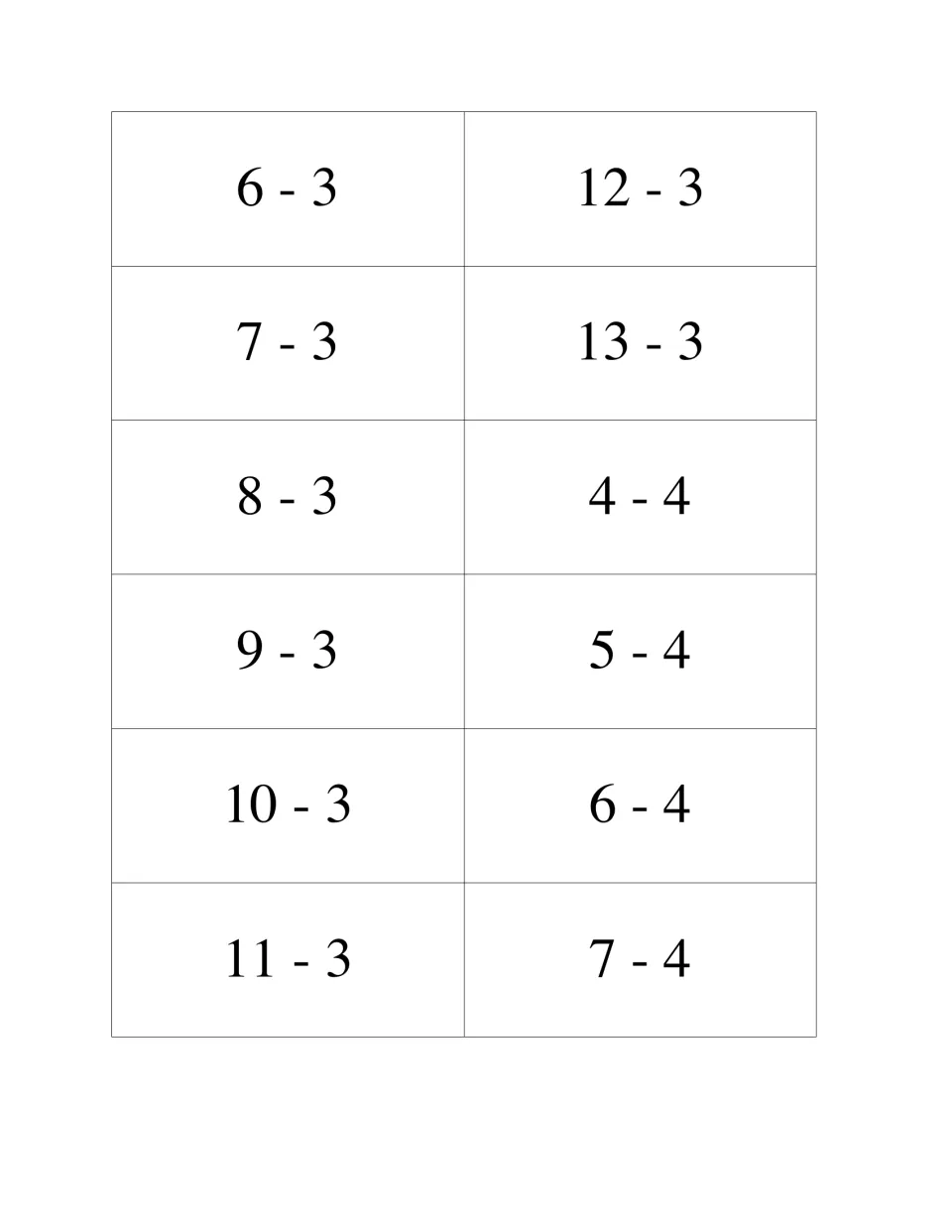 Subtraction fact cards 37–48: 6 - 3 through 13 - 3, then the minus-4 facts 4 - 4, 5 - 4, 6 - 4 and 7 - 4