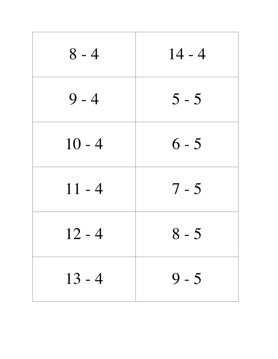 Subtraction fact cards 49–60: 8 - 4 through 14 - 4, then the minus-5 facts 5 - 5 through 9 - 5