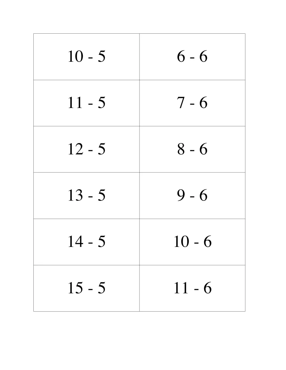 Subtraction fact cards 61–72: 10 - 5 through 15 - 5, then the minus-6 facts 6 - 6 through 11 - 6