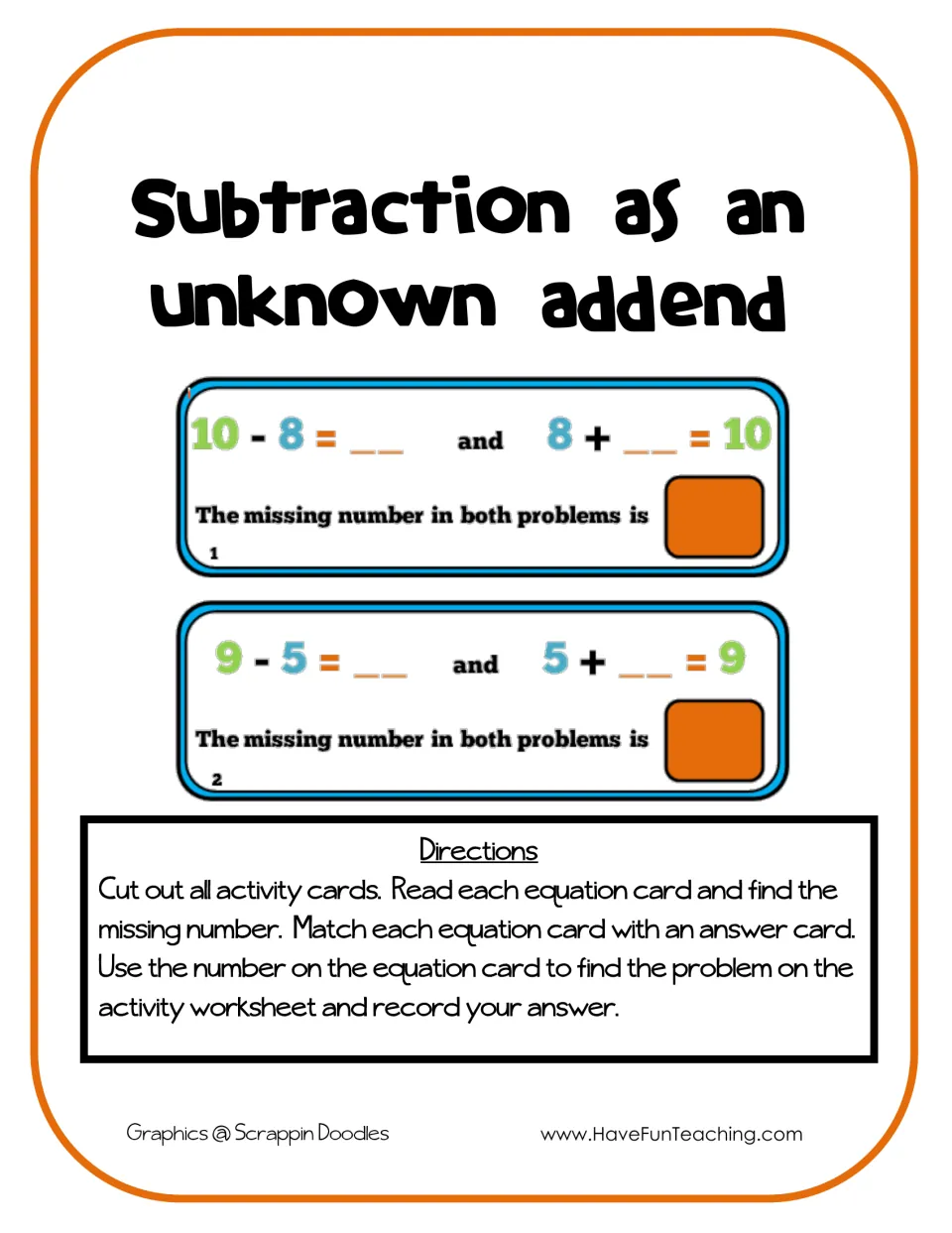 Subtraction as an unknown addend title page: two sample equation cards and directions to match cards and record answers