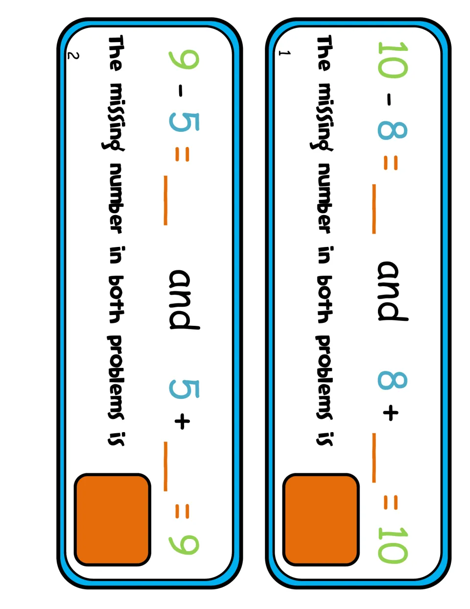 Equation cards 1 and 2: students find the one missing number in 10 - 8 and 8 + _ = 10, then in 9 - 5 and 5 + _ = 9