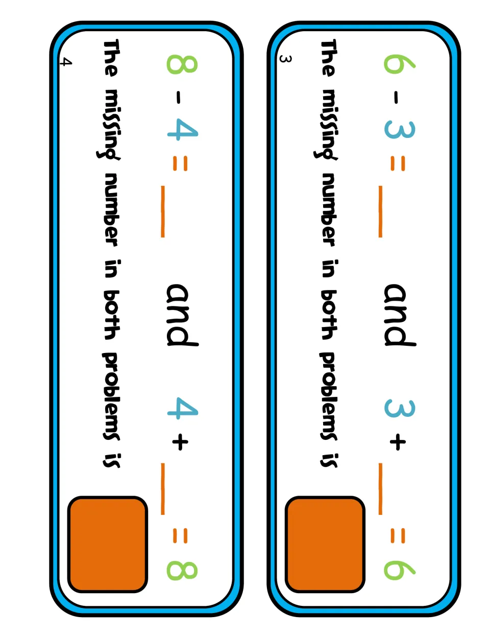 Equation cards 3 and 4: students solve 6 - 3 and 3 + _ = 6, then 8 - 4 and 4 + _ = 8, linking subtraction to addition