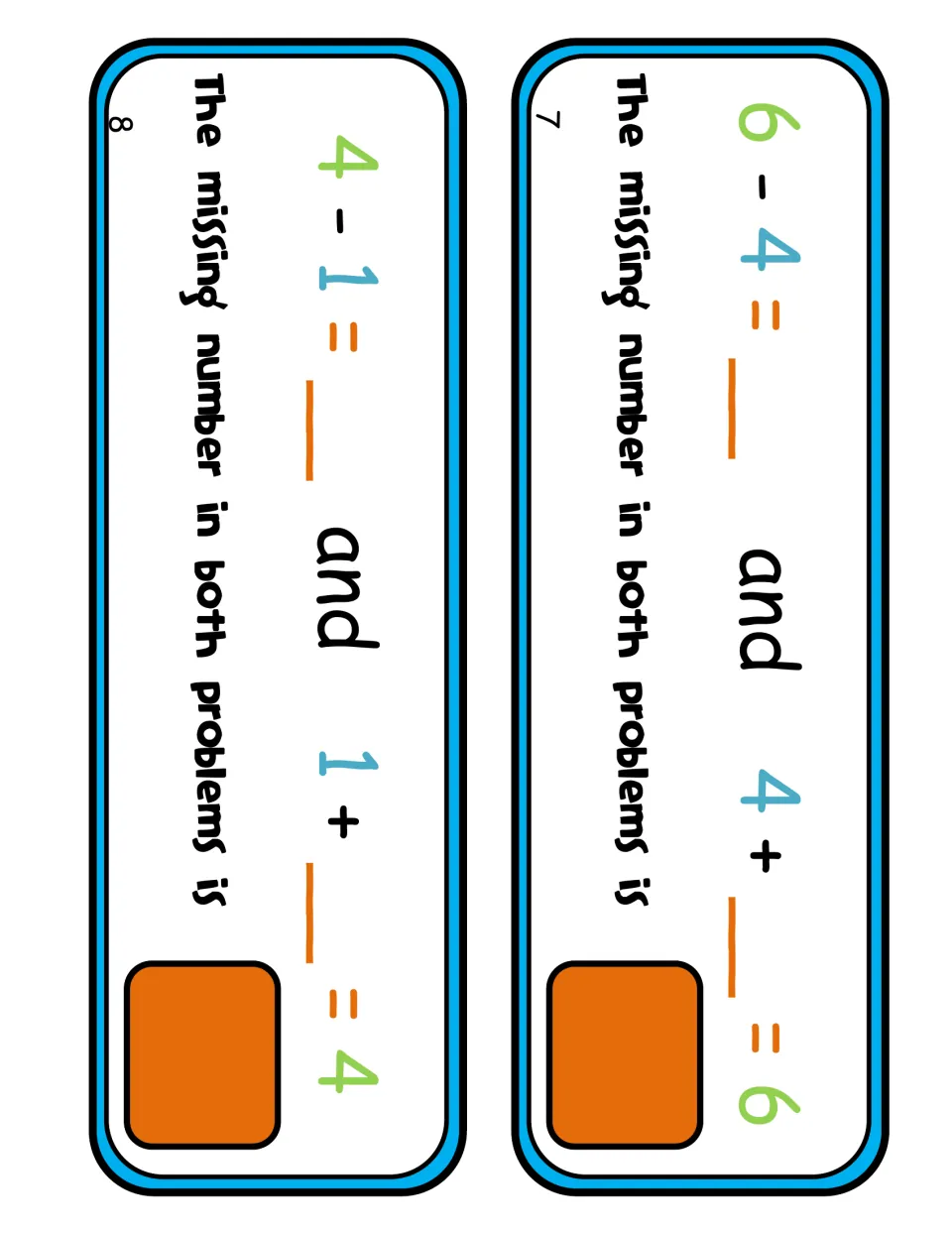 Equation cards 7 and 8: students find one number that completes both 6 - 4 and 4 + _ = 6, and both 4 - 1 and 1 + _ = 4
