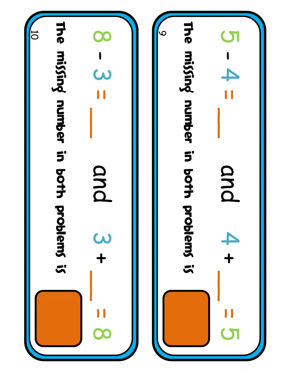Equation cards 9 and 10: students solve 5 - 4 alongside 4 + _ = 5 and 8 - 3 alongside 3 + _ = 8 via related addition