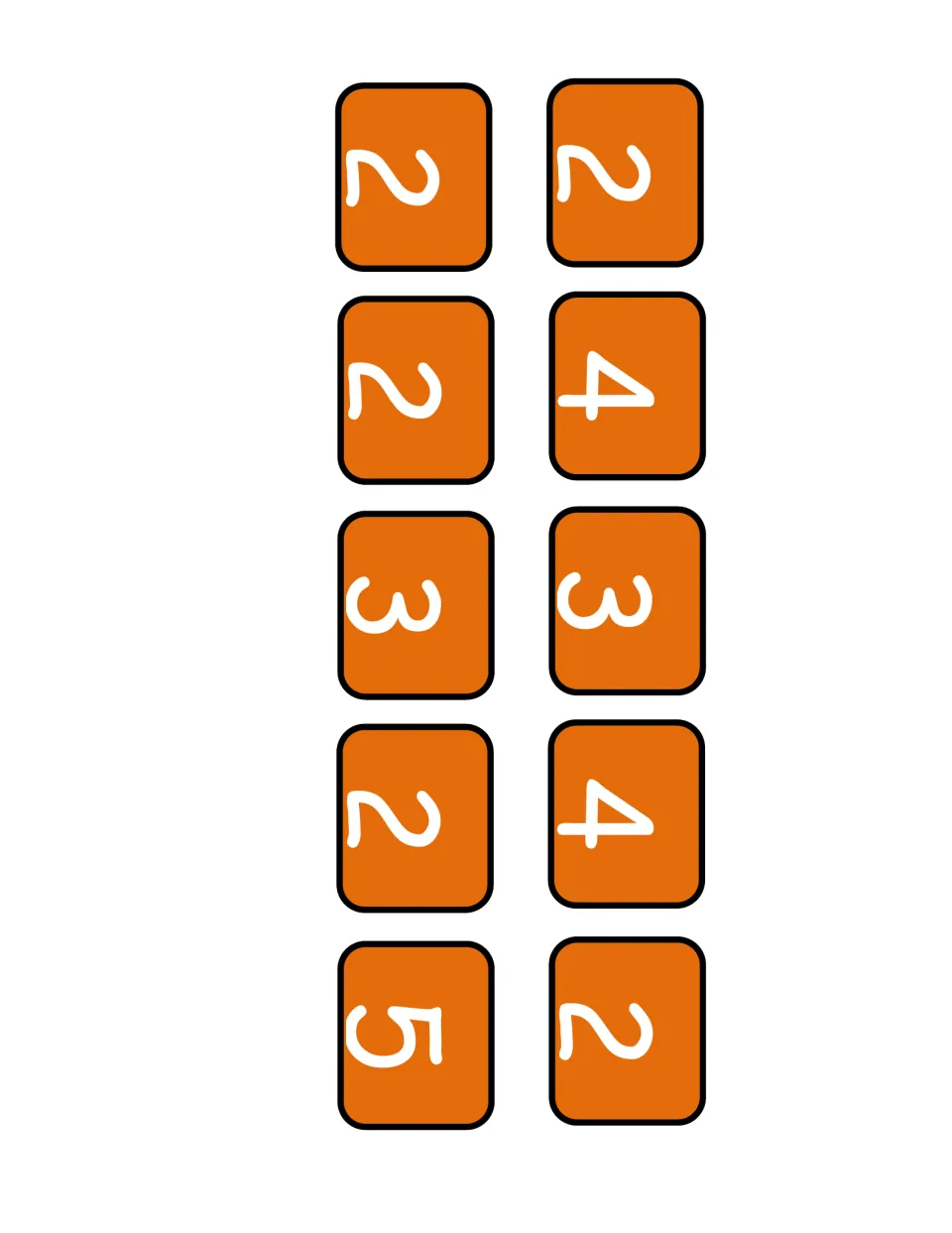 Number cards to cut out: ten orange answer cards showing 2, 3, 4 and 5 for students to match with each equation card