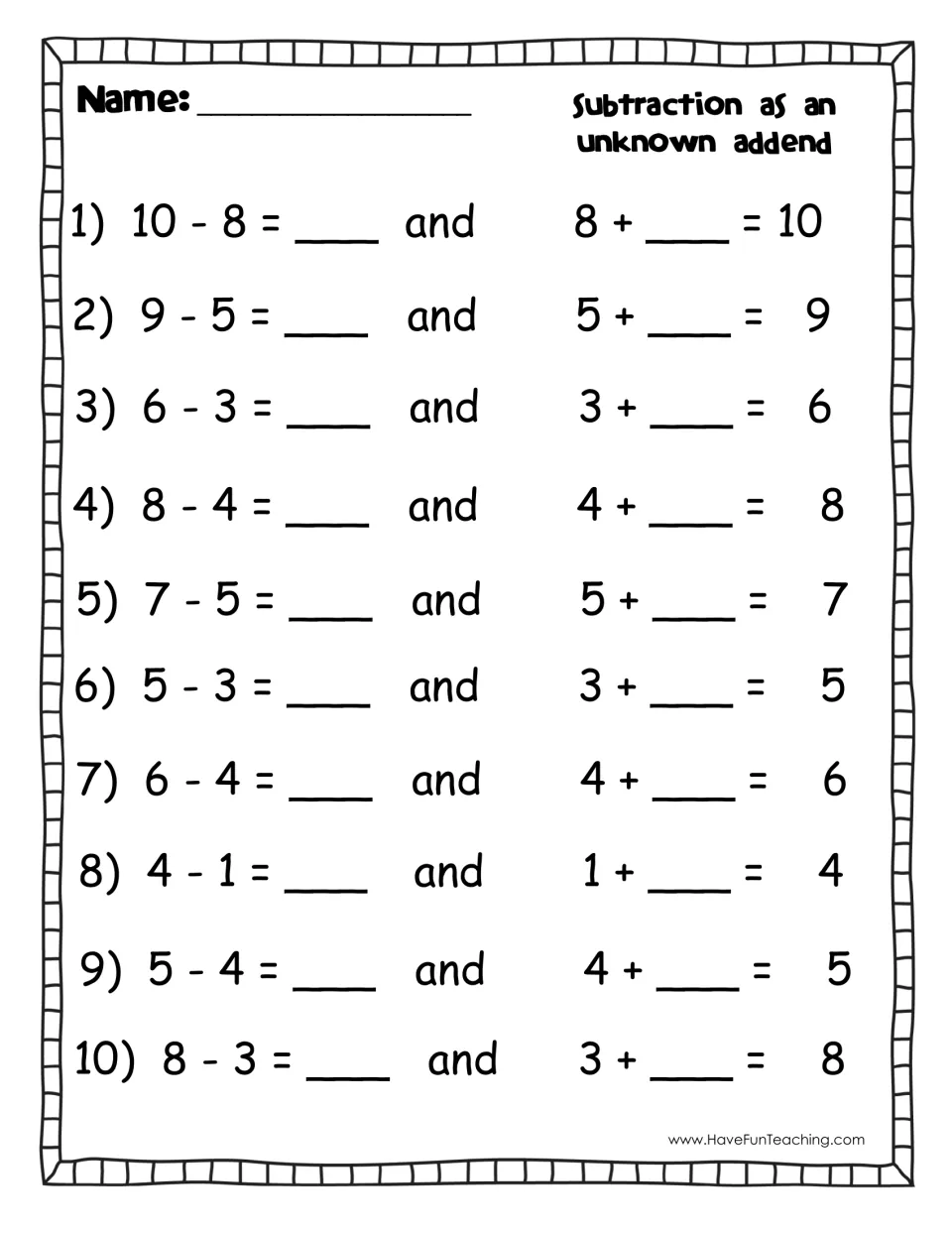 Recording sheet: students write the missing number for 10 fact family pairs such as 10 - 8 = _ and 8 + _ = 10