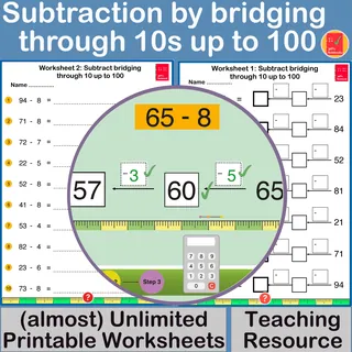 Subtraction by bridging through 10s up to 100 – cover