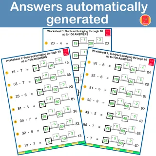 Subtraction by bridging through 10s up to 100 – sample page 3