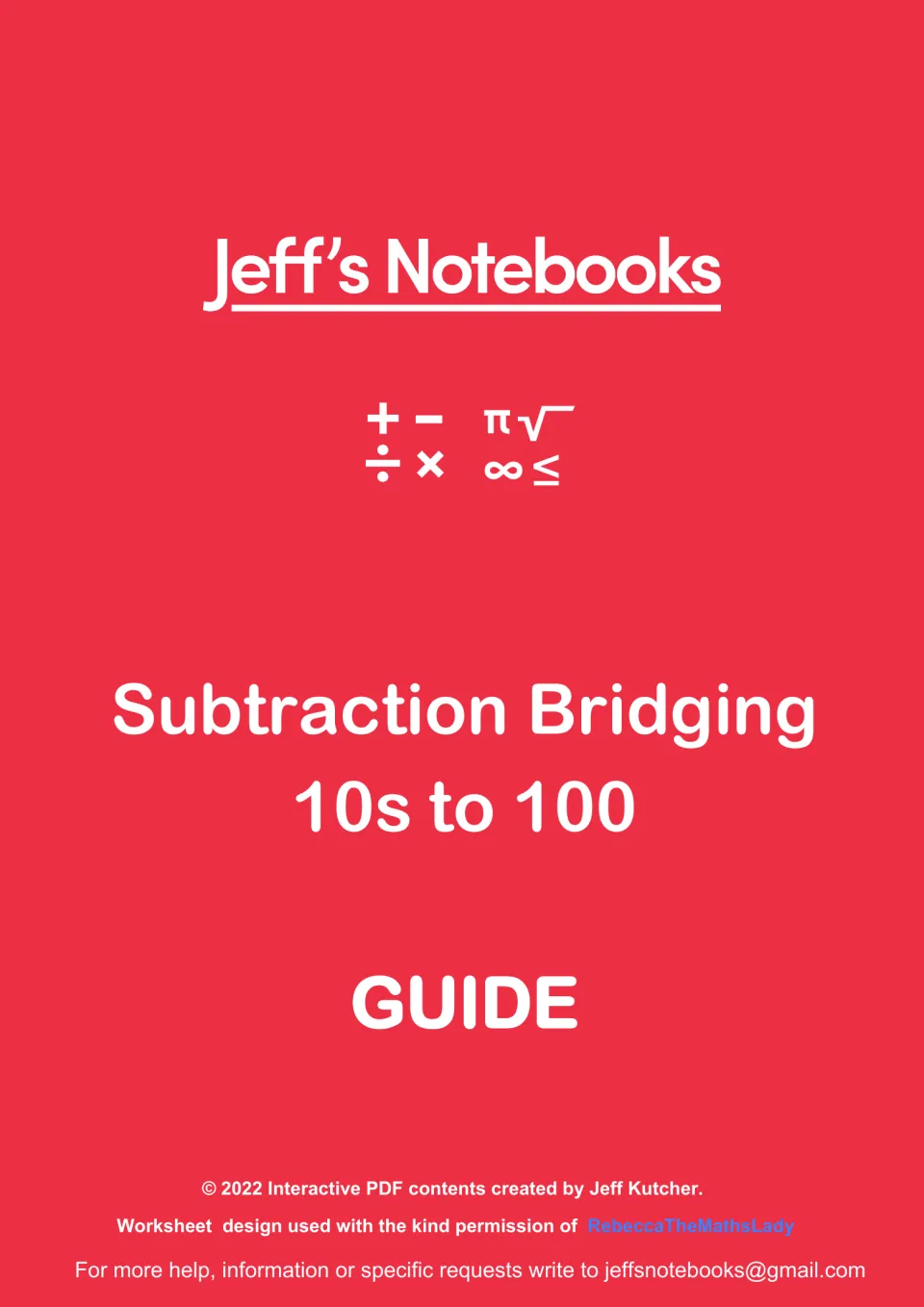 Jeff's Notebooks cover for Subtraction Bridging 10s to 100 GUIDE, with math symbols and creator credits