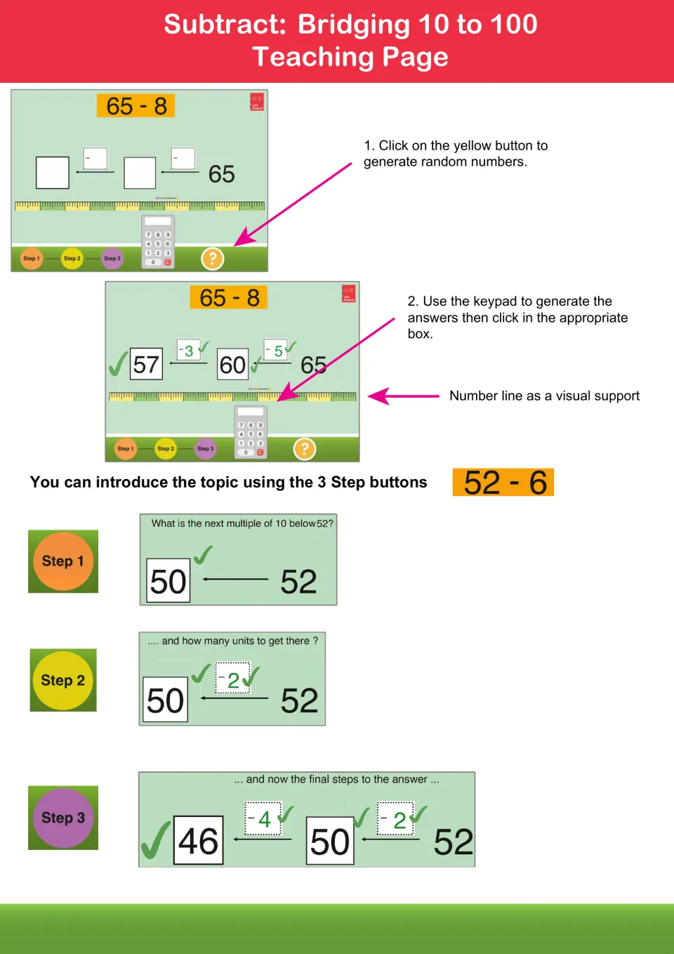 Teaching page: 65 - 8 and 52 - 6 solved in three steps, subtracting to the next multiple of 10 on a number line