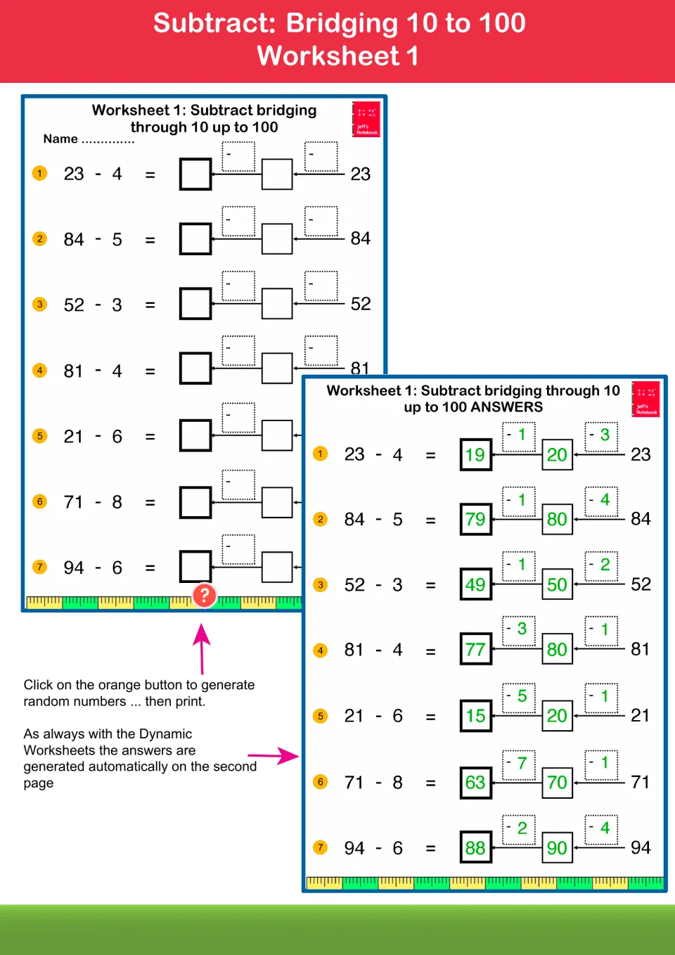 Worksheet 1: seven problems like 23 - 4 bridged through 10 in two jumps, shown beside the answer page