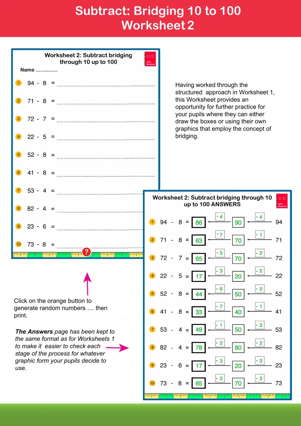 Worksheet 2: ten subtraction problems such as 94 - 8 to solve by bridging through 10, with a two-step answer page