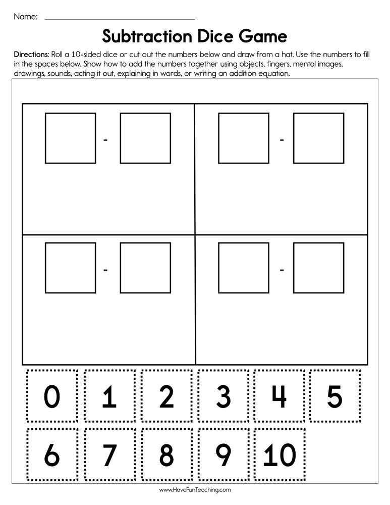 Subtraction Dice Game Worksheet by Teach Simple