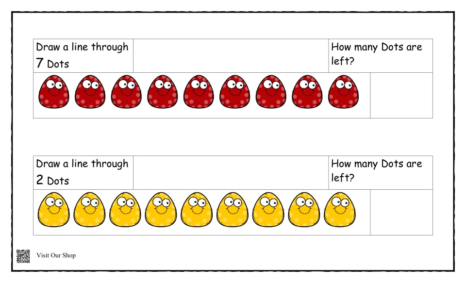 Take-away practice: students draw a line through 7 red eggs, then 2 yellow eggs, in rows of 9 and count the ones left