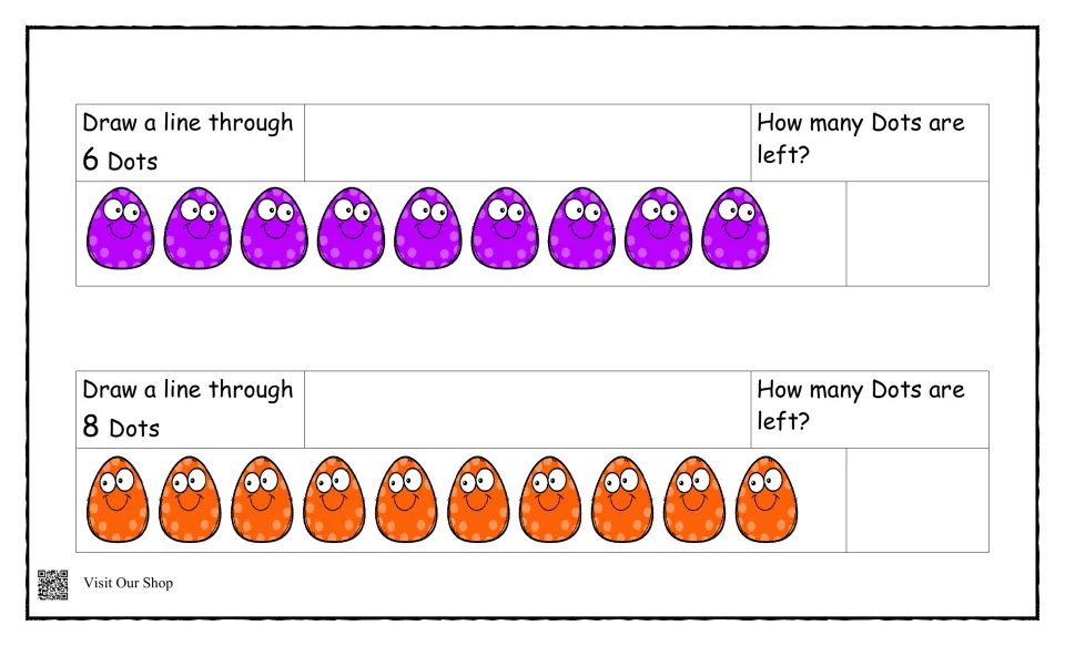 Subtracting by crossing out: students mark 6 of 9 purple eggs and 8 of 10 orange eggs, then count how many remain