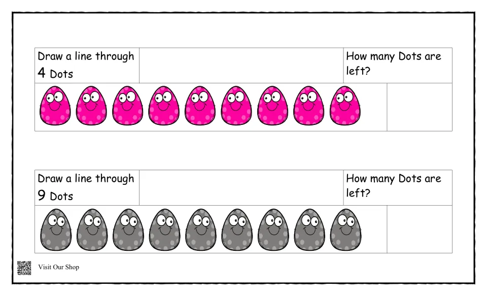 Taking away to zero: students cross out 4 of 9 pink dots and all 9 gray dots, then write how many remain in each row