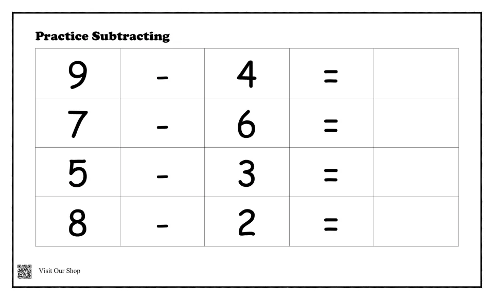 Subtraction facts within 10: students write the answers to 9 - 4, 7 - 6, 5 - 3 and 8 - 2 after each equals sign
