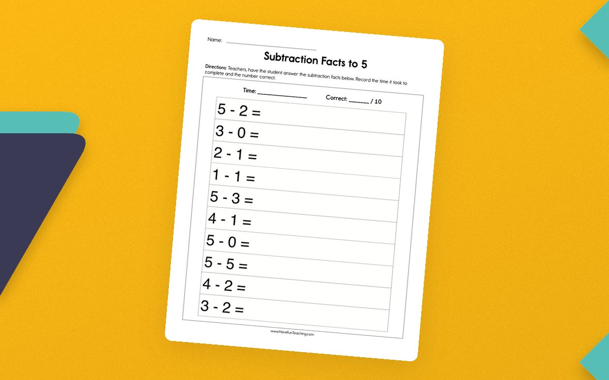 Subtraction Facts to 5 Worksheet preview: Ten subtraction facts within five