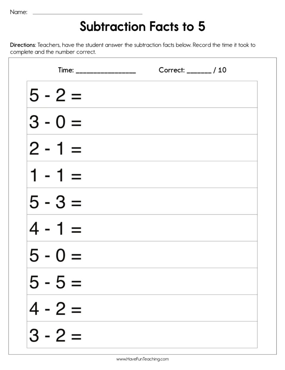 Subtraction facts to 5: students solve 10 timed problems such as 5 - 2 and 4 - 1, then record time and number correct