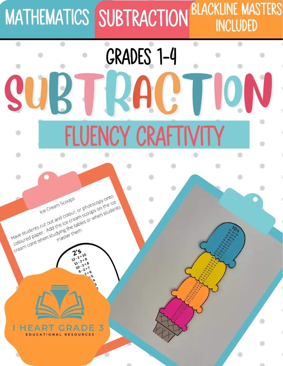 Subtraction Fluency Craftivity cover for grades 1–4, showing a completed ice cream cone with fact scoops