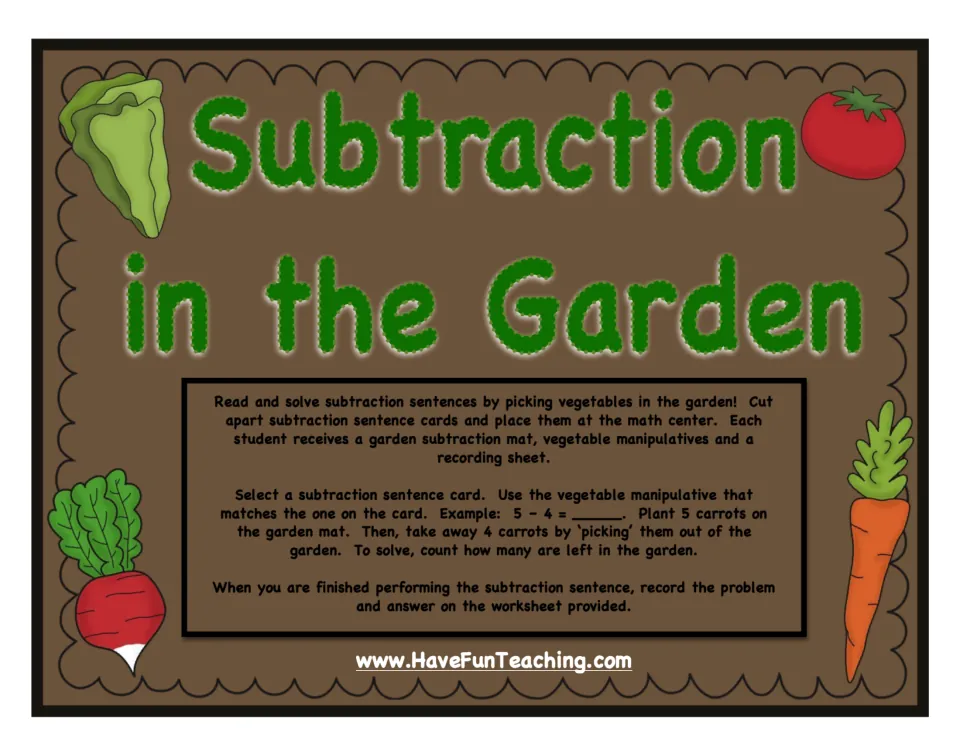 Subtraction in the Garden cover: directions for using vegetable pieces, subtraction cards, and a garden mat