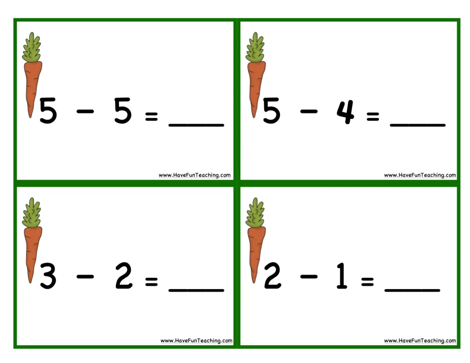 Carrot subtraction cards 1–4: 5 − 5, 5 − 4, 3 − 2, and 2 − 1, to solve using vegetables on the garden mat
