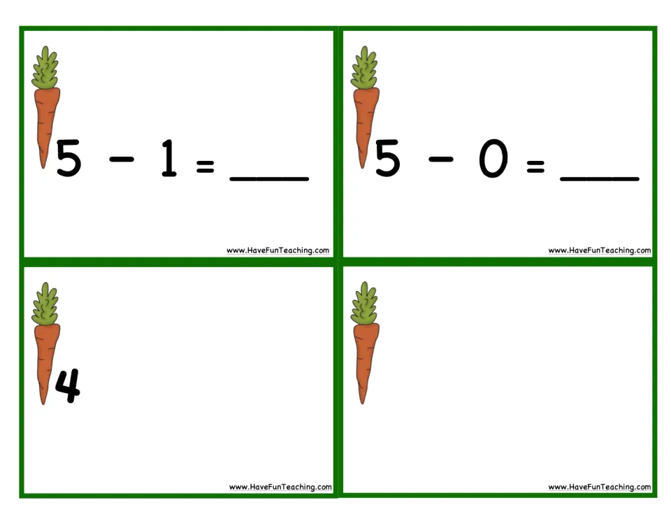 Carrot subtraction cards 5–8: 5 − 1 and 5 − 0, plus an incomplete card showing 4 and a carrot-only card