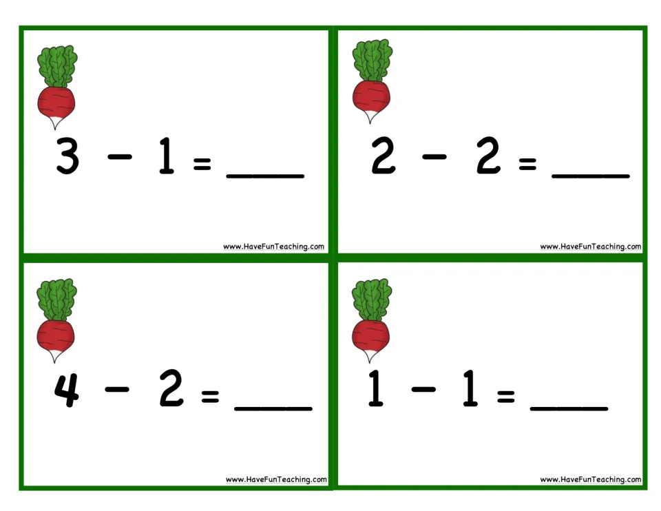 Radish subtraction cards 9–12: 3 − 1, 2 − 2, 4 − 2, and 1 − 1, for solving problems on the garden mat