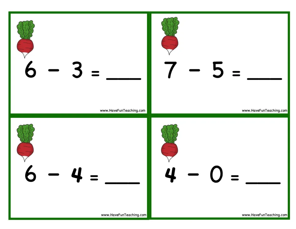 Radish subtraction cards 13–16: 6 − 3, 7 − 5, 6 − 4, and 4 − 0, for taking away and counting vegetables