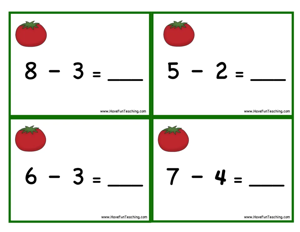 Tomato subtraction cards 17–20: 8 − 3, 5 − 2, 6 − 3, and 7 − 4, to solve using the garden mat and pieces