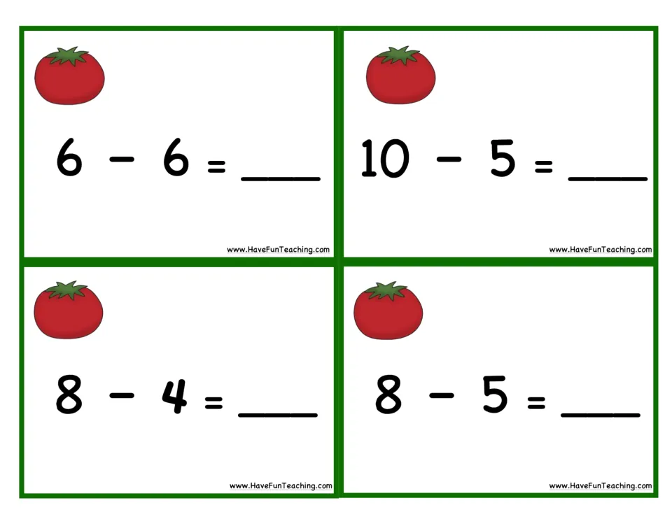 Tomato subtraction cards 21–24: 6 − 6, 10 − 5, 8 − 4, and 8 − 5, for modeling subtraction in the garden