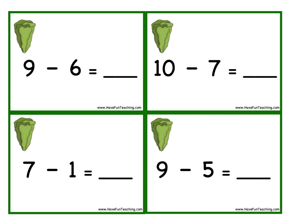 Lettuce subtraction cards 25–28: 9 − 6, 10 − 7, 7 − 1, and 9 − 5, to solve by removing vegetable pieces