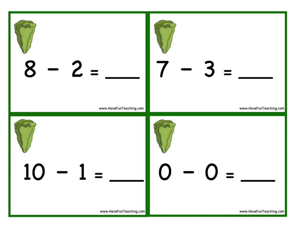 Lettuce subtraction cards 29–32: 8 − 2, 7 − 3, 10 − 1, and 0 − 0, for subtraction practice on the garden mat